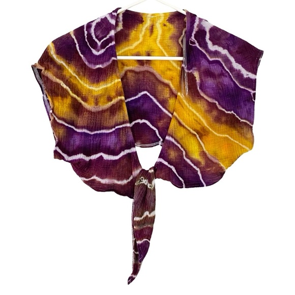 Handmade Tie Dye Wrap Crop Top Shirt Womens Size Small Crepe Texture Purple - Picture 3 of 8